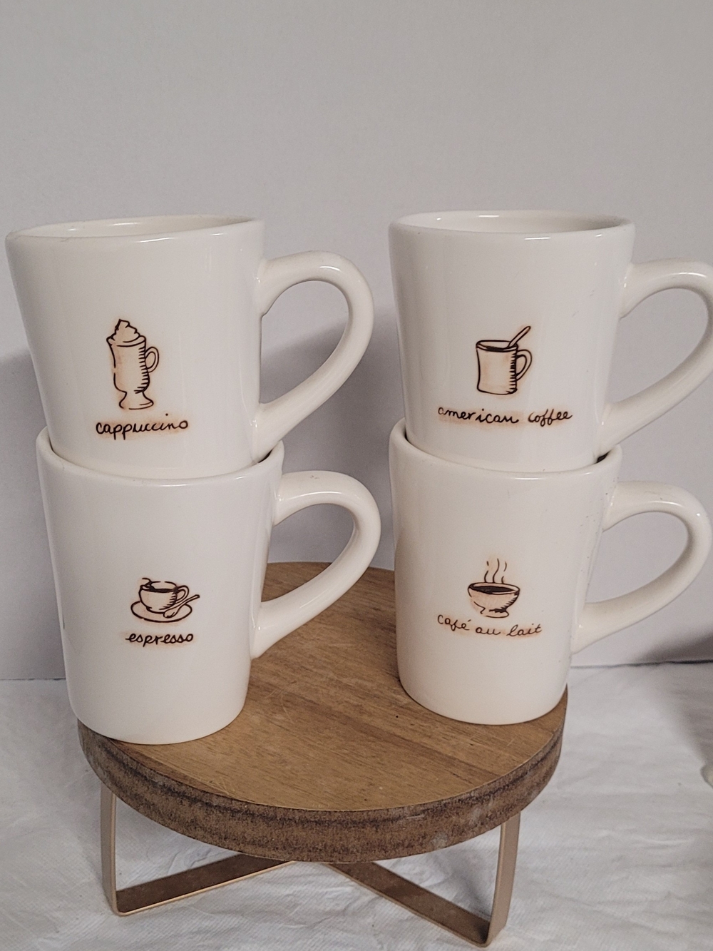 White Ceramic Vintage William Sonoma Coffee Mug Set with Coffee Illustrations